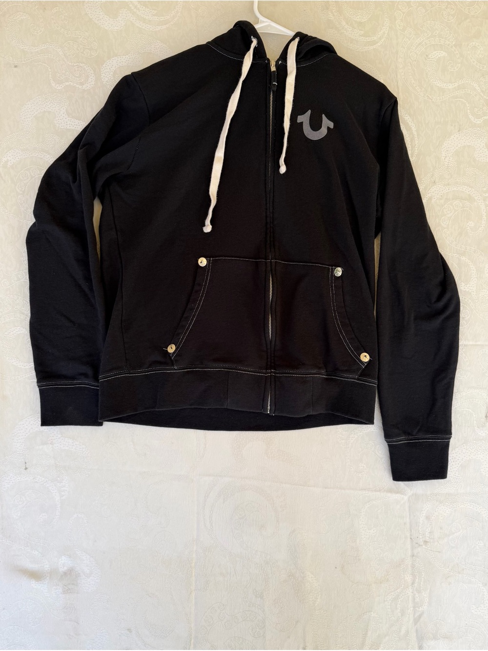 True Religion Black Zip-Up Hoodie with White Drawstrings Big Back Logo
